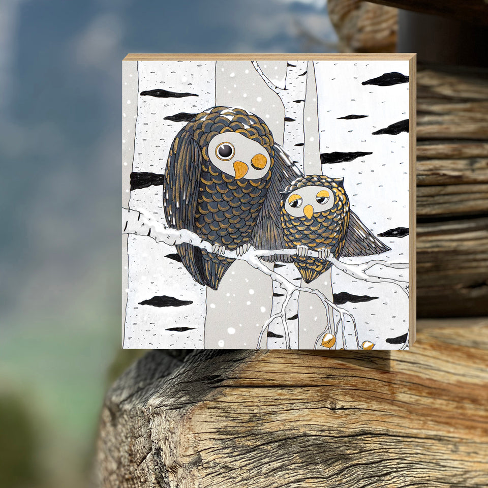 Owls On The Birch pictures printed on wood